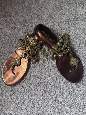 Colin Stuart Metallic Bronze Slide Sandals with Gold Jeweled Embellishments
